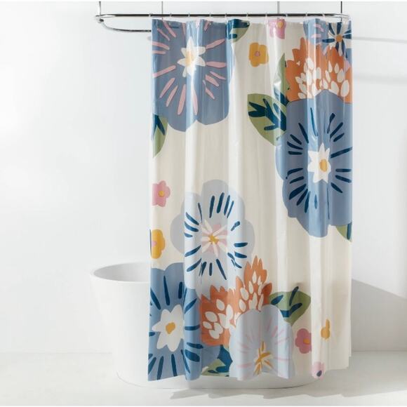 Room Essentials Shower Curtain With Rings Blue White Floral  13 Piece PEVA - Picture 1 of 7